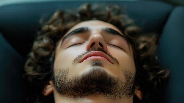Close-up of a peaceful man with curly hair and a beard sleeping