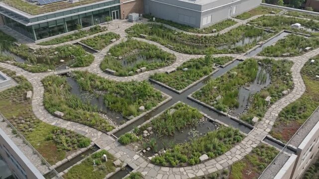 Aeroplane glides over verdant roof gardens