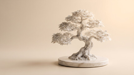 Fototapeta premium Elegant white marble bonsai tree sculpture on a marble base