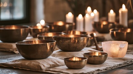 Fototapeta premium Sound bath therapy session with polished singing bowls in a restrained editorial style with open space