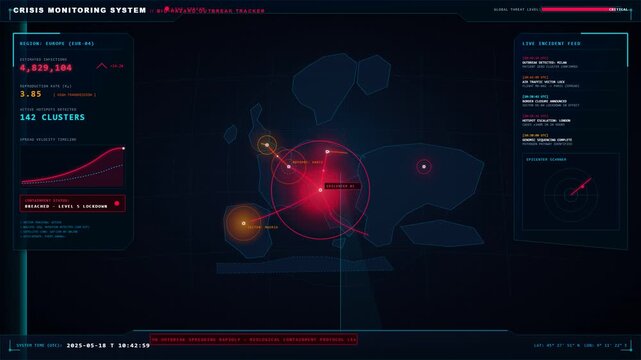 Cyberpunk Europe Outbreak Map HUD Loop with Virus Hotspots, Contagion Spreading Arcs, Scanning Radar Beam, and Live Telemetry UI