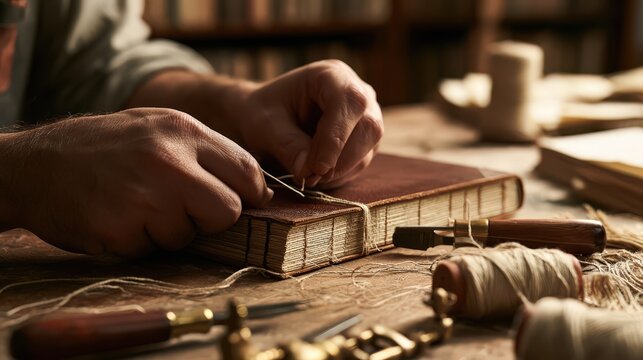 Traditional bookbinder hand sewing the spine of a leather bound volume with a clean modern look and quiet negative space