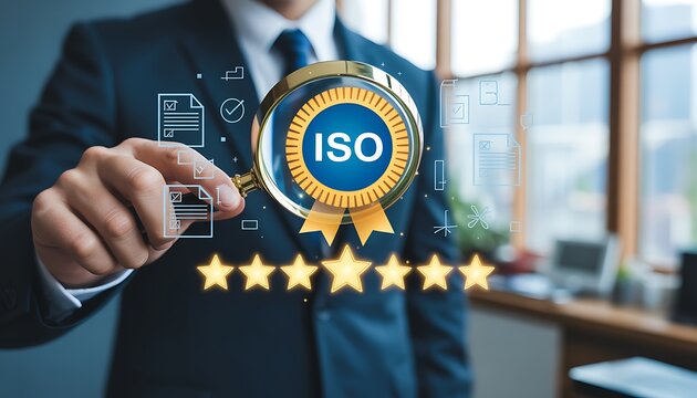 Businessman inspecting digital iso certification standard for quality assurance compliance. Virtual management control system guaranteeing excellence. Business inspection data with 5 star approval.