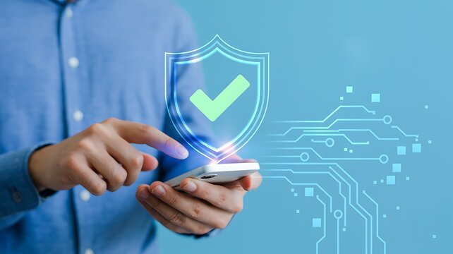 Professional man using smartphone for secure digital mobile payment checkout and token based transaction with encrypted billfold identity verification concept