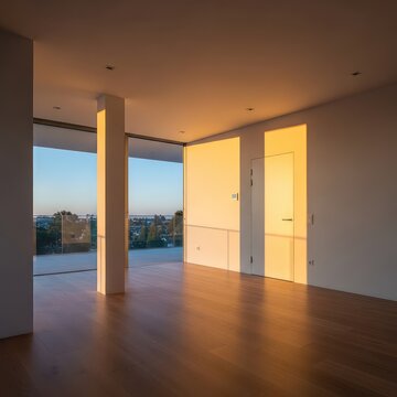 Modernes leeres Zimmer mit klaren Linien und minimalistischem Design, durchflutet vom warmen, goldenen Licht der tiefstehenden Abendsonne, contemporary, design, simple