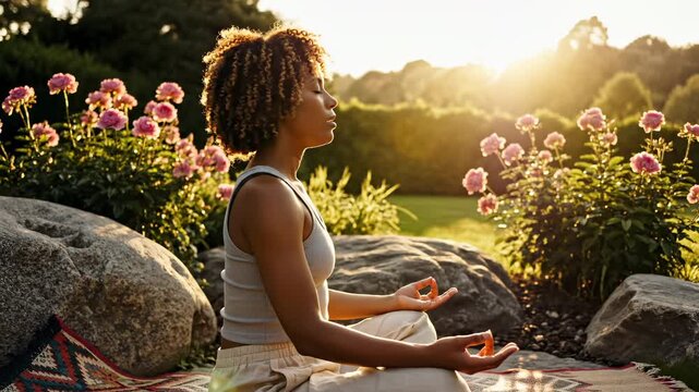 Woman meditates in garden with pink flowers at sunset practicing yoga and mindfulness. Woman sits in lotus pose meditating outdoors surrounded by flowers. Woman practices meditation in peaceful garden