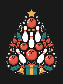 Christmas tree made of bowling balls, pins, holly, candy canes and a star
