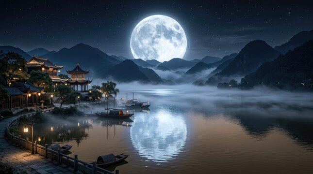 A large, luminous full moon dominates the night sky, casting a silvery glow over a serene landscape.