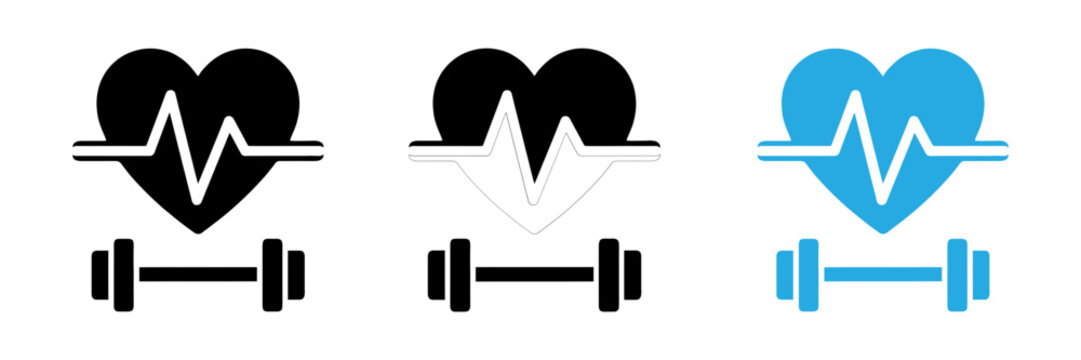 Set of heart rate and dumbbell icons representing fitness and healthy lifestyle concepts in minimalist graphic style