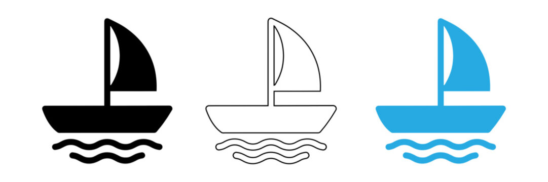 Set of three stylized sailboat icons with wave patterns in black outline and blue solid design