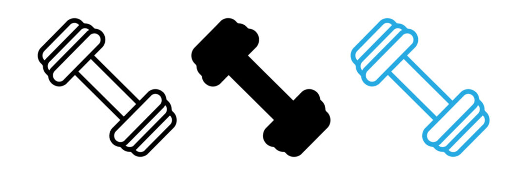 Set of three dumbbell icons featuring outline silhouette and blue line art styles for fitness and gym design