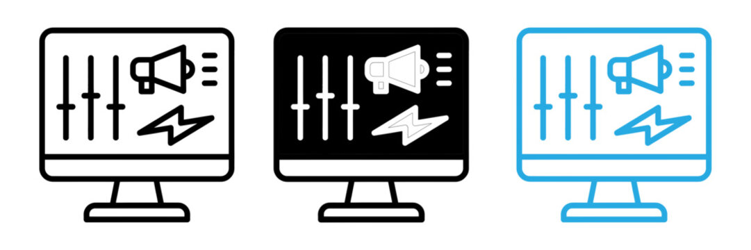 Set of three audio mixer and sound equalizer icons featuring sliders and speaker symbols in different styles