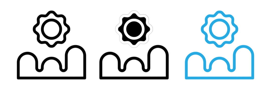 Set of three minimal mountain and sun icons in black and blue outline vector design