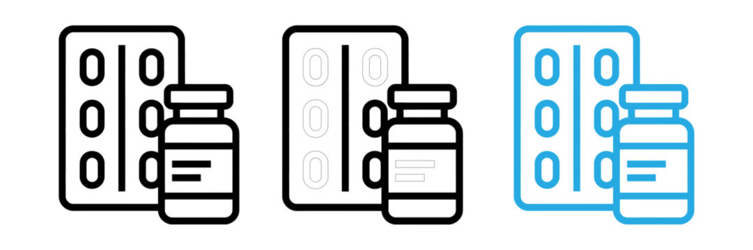Set of medical icons featuring pill blister packs and medicine vials in black and blue outline styles