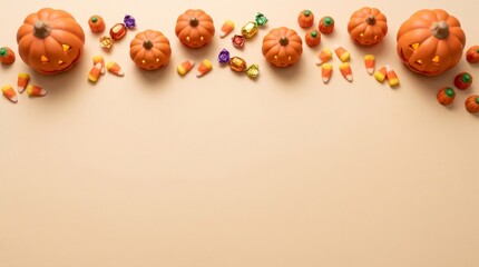 Fototapeta premium Festive Halloween pumpkin and candy border, vibrant autumn holiday treats, seasonal fall celebration background, decorative design element for spooky events.