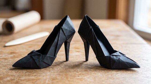 Pair of Elegant Black Origami High Heel Shoes on Wooden Table