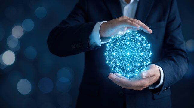 Hands holding glowing blue spherical global network structure, worldwide connectivity internet infrastructure, international business cooperation partnership symbol