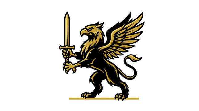Griffin mascot holding sword mythical creature heraldic symbol gold black vector illustration