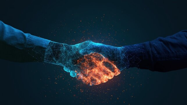 Wireframe digital handshake blue glowing blockchain contract concept
