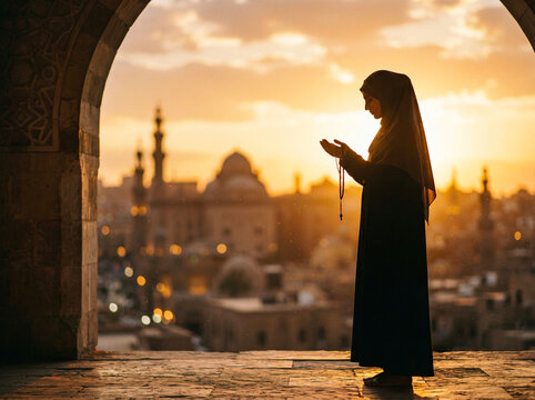 Muslim woman praying with prayer beads silhouette standing inside ancient archway overlooking blurred city skyline during beautiful golden sunset light