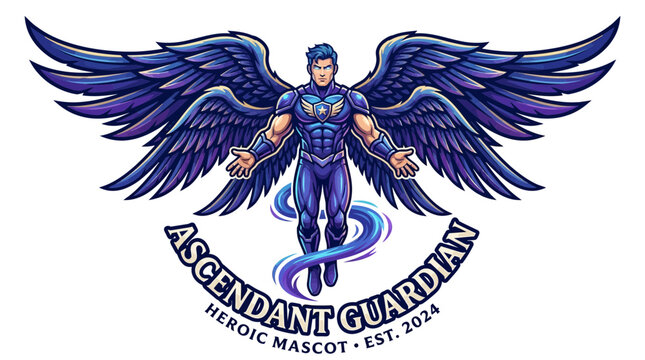Powerful Ascendant Guardian Superhero Mascot with Large Purple Wings and Blue Armor Illustration