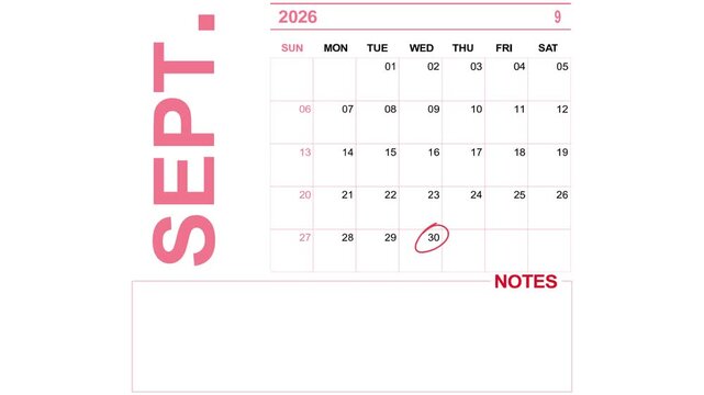 pink calendar september 30, 2026 on white background