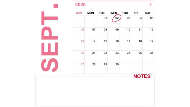 pink calendar september 2, 2026 on white background