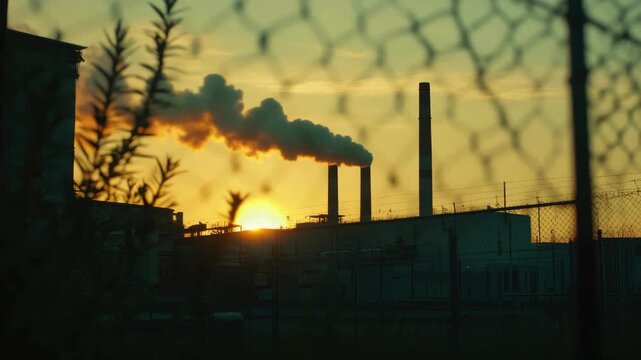 Industrial factory smokestacks emitting smoke at sunset behind a chain-link fence