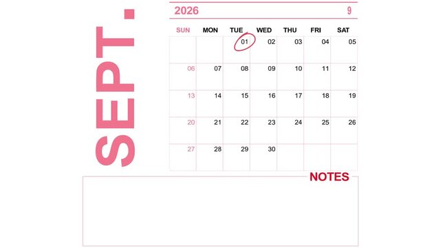 pink calendar september 1, 2026 on white background