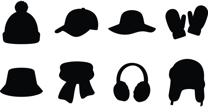 Black silhouette icons of various winter accessories including a beanie, baseball cap, sun hat, mittens, scarf, earmuffs and trapper hat.
