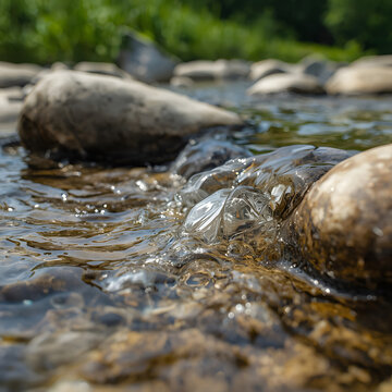 Clear Freshwater Stream Flowing Gently Over Smooth Rocks