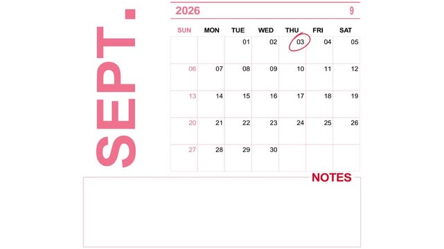 pink calendar september 3, 2026 on white background