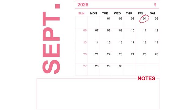 pink calendar september 4, 2026 on white background