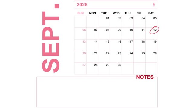 pink calendar september 12, 2026 on white background