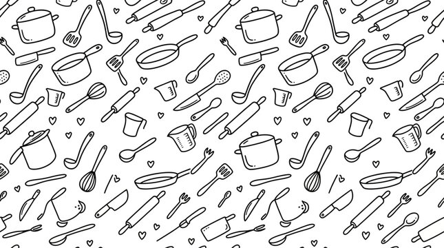 Seamless hand-drawn kitchen utensil pattern with cooking tools in minimalist doodle style