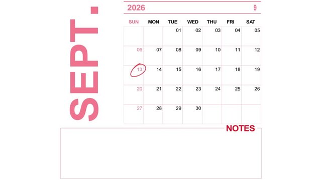 pink calendar september 13, 2026 on white background