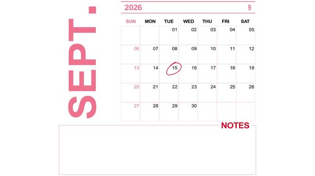 pink calendar september 15, 2026 on white background