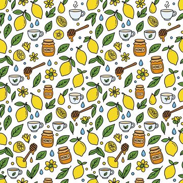 Seamless pattern of lemons, honey jars, tea cups, and leaves in hand-drawn doodle style.