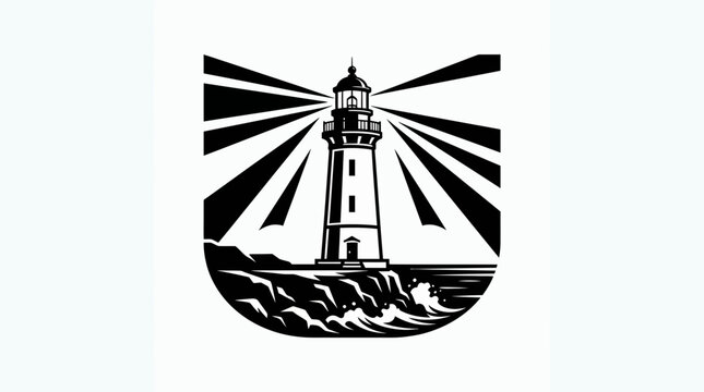 Lighthouse Beacon on Coastal Cliff with Ocean Waves Vector Illustration in Black and White Style