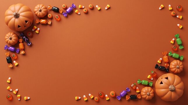 Festive Halloween candy and pumpkin border illustration, vibrant autumn holiday treats, seasonal fall celebration background, spooky decorative design element