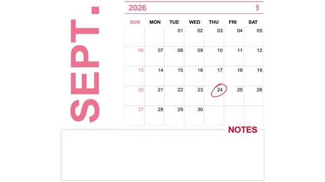 pink calendar september 24, 2026 on white background