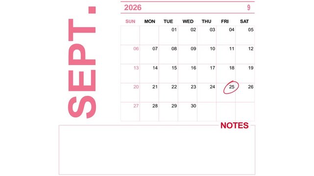 pink calendar september 25, 2026 on white background