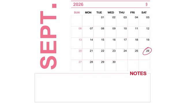 pink calendar september 26, 2026 on white background