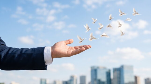 Business man hand releasing white doves flying into blue sky over city, symbolizing freedom, peace, hope, and new beginnings, ual image for success, liberation, and spiritual