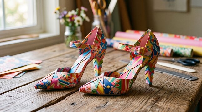 Pair of Colorful Origami High Heel Shoes on Wooden Craft Table