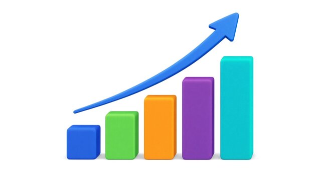 Colorful growth bar chart featuring cyan column with rising blue arrow for business success bar graph financial success business progress economic growth data analysis profit increase business