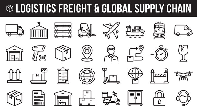 Logistics and global supply chain line icon set for shipping delivery and warehouse management vector illustration