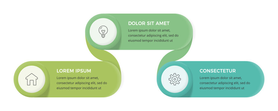 Horizontal process flow infographic template featuring three steps connected by a curving ribbon
