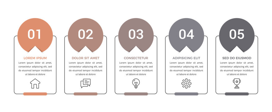 Horizontal process flow infographic template with five circular elements linked to thin-lined rectangular text placeholders
