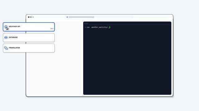 Tool call console window animation. Terminal interface executing function call rows with running status and success checkmarks for ai developer tools concept. Seamless loop motion graphic in 4k